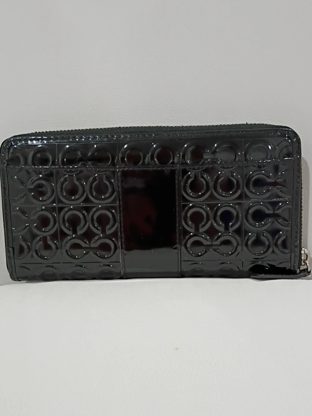 Coach Julia Black Patent Quilted Zip Wallet with Silver Logo And Embossed OP Art